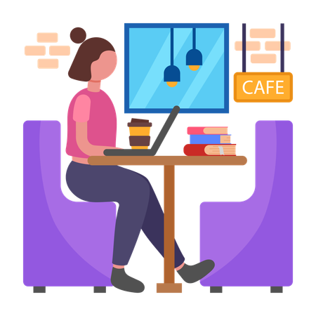 Chica trabaja de forma flexible desde un café  Ilustración