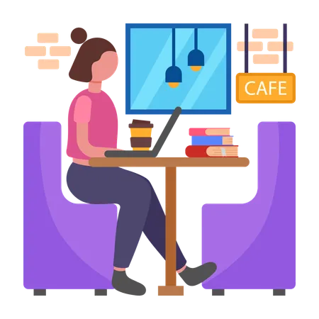 Chica trabaja de forma flexible desde un café  Ilustración