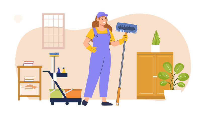 Chica trabajadora de limpieza trapeando el piso  Ilustración