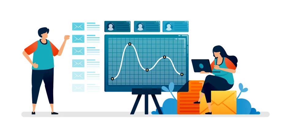 Chica trabajadora revisando las fluctuaciones del gráfico de líneas del tablero de los informes de la empresa  Ilustración