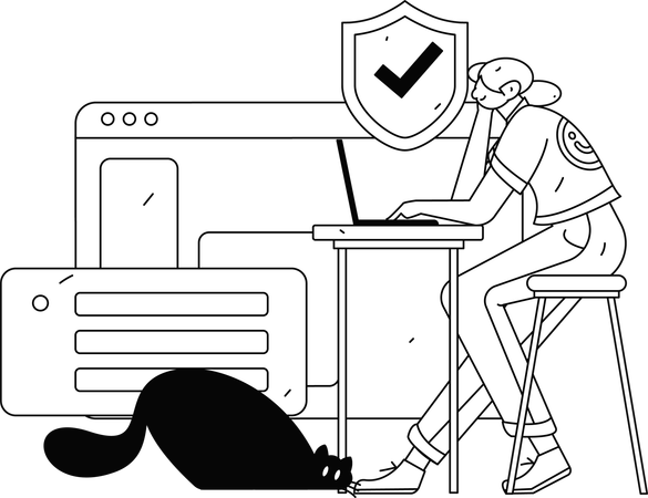 Chica trabajando con un sitio web seguro en una computadora portátil en la oficina  Ilustración