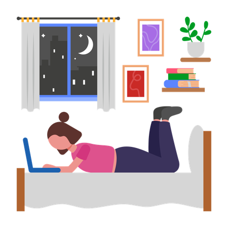 Chica trabajando desde la cama  Ilustración