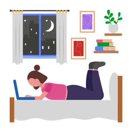 Chica trabajando desde la cama  Ilustración