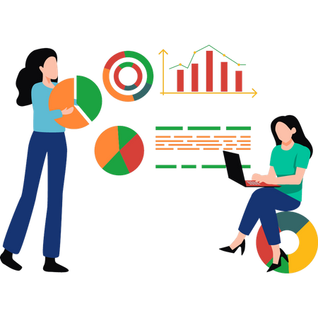 Chica trabajando en análisis de datos en una computadora portátil  Ilustración