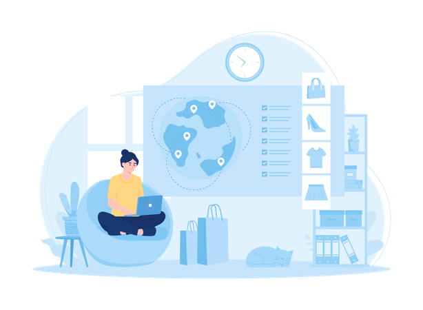 Chica trabajando en análisis de mercado en línea  Ilustración