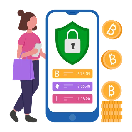 Chica trabajando en Cypto Protection  Ilustración