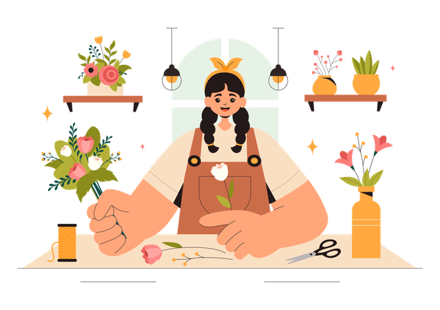 Chica trabajando en floristería  Ilustración