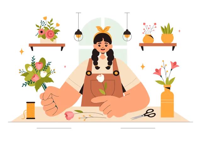 Chica trabajando en floristería  Ilustración