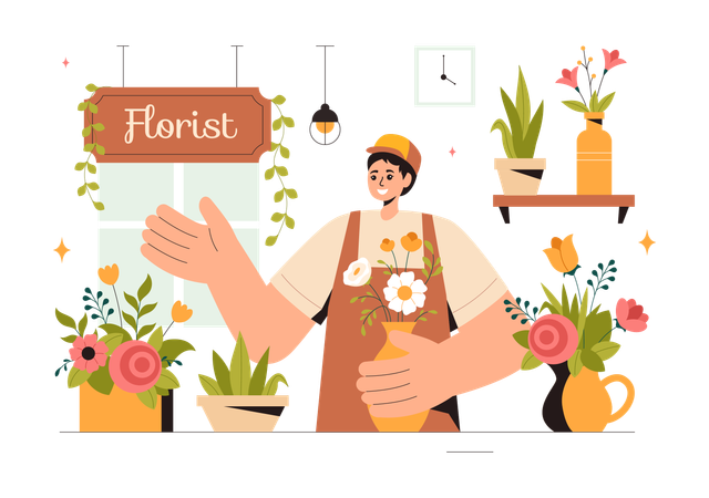 Chica trabajando en floristería  Ilustración