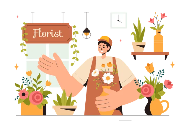 Chica trabajando en floristería  Ilustración