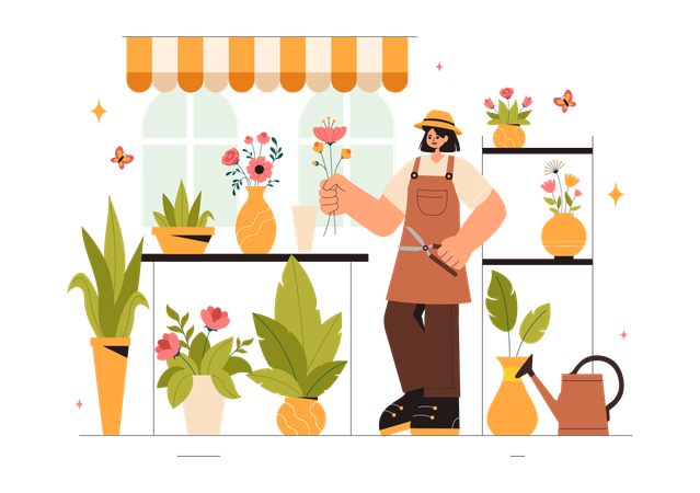 Chica trabajando en floristería  Ilustración