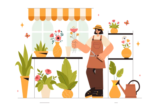 Chica trabajando en floristería  Ilustración