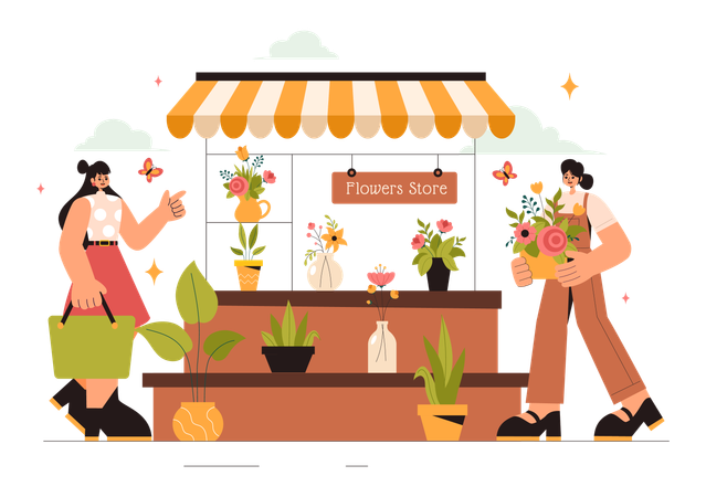 Chica trabajando en floristería  Ilustración