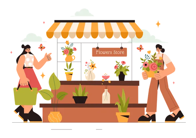 Chica trabajando en floristería  Ilustración