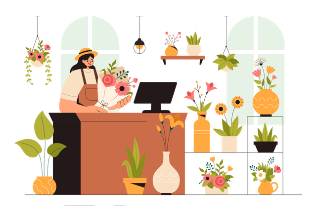 Chica trabajando en floristería  Ilustración