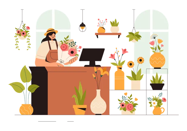 Chica trabajando en floristería  Ilustración