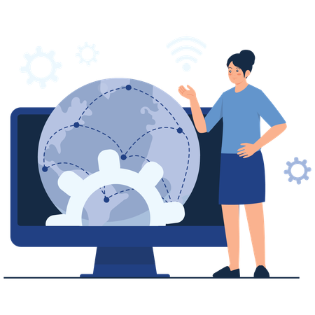 Chica trabajando en la gestión de redes globales  Ilustración