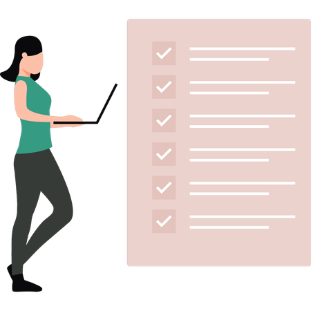 Chica trabajando en la lista de verificación en la computadora portátil  Ilustración