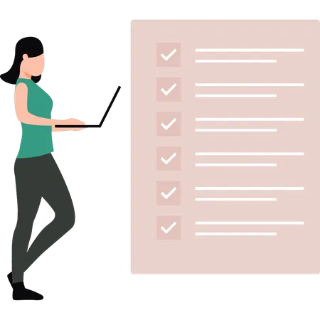 Chica trabajando en la lista de verificación en la computadora portátil  Ilustración