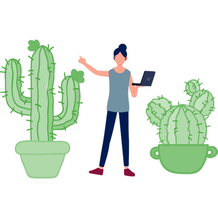 Chica trabajando en planta de opuntia  Ilustración