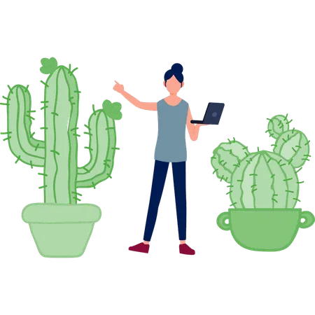 Chica trabajando en planta de opuntia  Ilustración