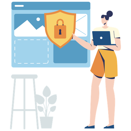 Chica trabajando en sitio web Seguridad y protección  Ilustración