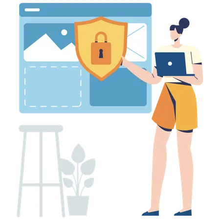 Chica trabajando en sitio web Seguridad y protección  Ilustración