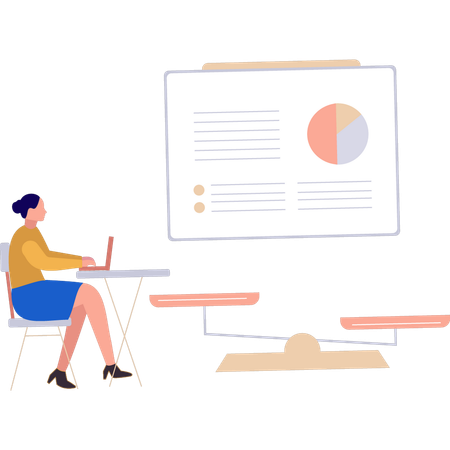 Chica trabajando en un gráfico de negocios en una computadora portátil  Illustration