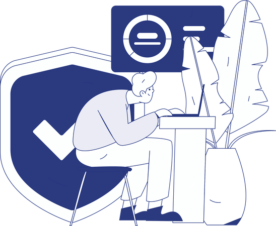 Chica trabajando en una computadora portátil con seguridad del sistema  Ilustración