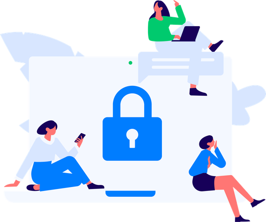 Chica trabajando en una computadora portátil con seguridad del sistema  Ilustración