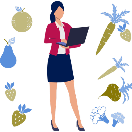 Chica trabajando en una computadora portátil sobre la dieta de frutas y verduras.  Ilustración