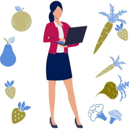 Chica trabajando en una computadora portátil sobre la dieta de frutas y verduras.  Ilustración