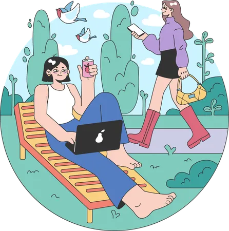 Chica trabajando de vacaciones  Ilustración