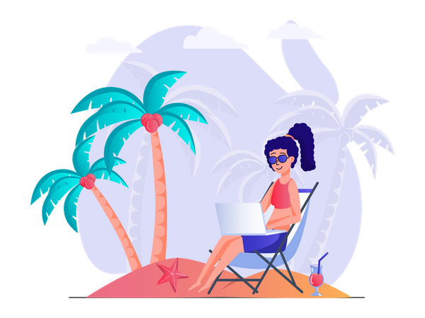 Chica trabajando de vacaciones  Ilustración