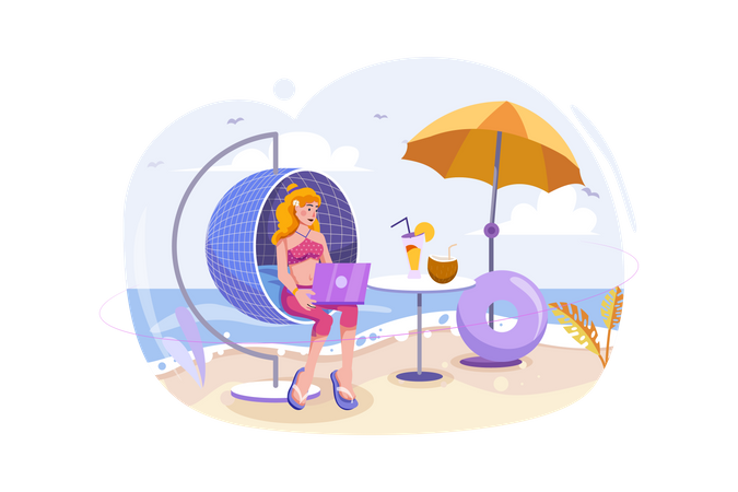 Chica trabajando de vacaciones  Ilustración