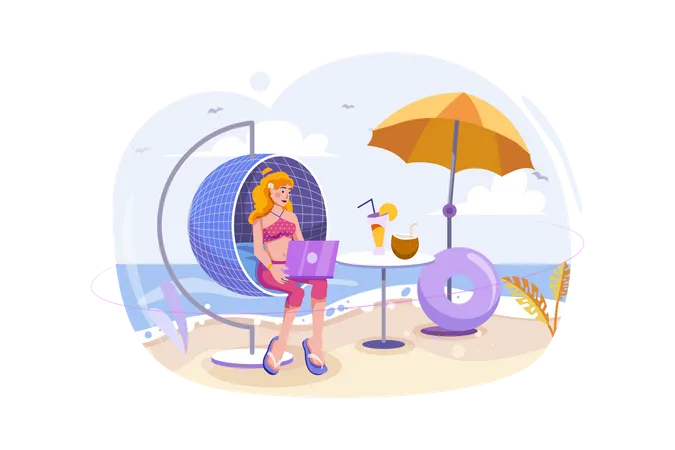 Chica trabajando de vacaciones  Ilustración