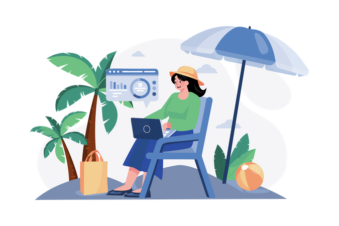 Chica trabajando de vacaciones  Ilustración