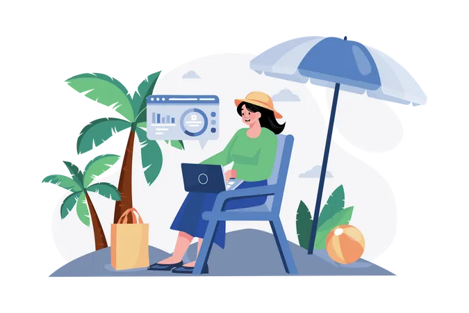 Chica trabajando de vacaciones  Ilustración