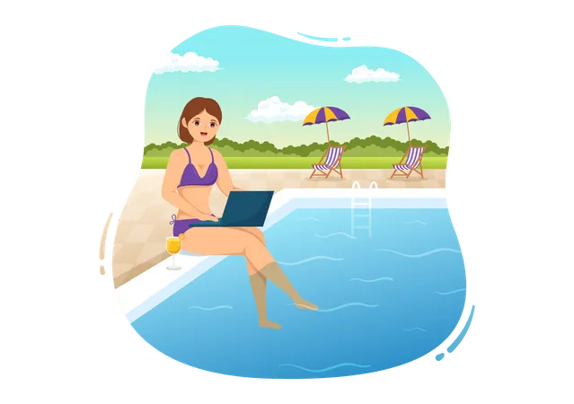 Chica trabaja de vacaciones  Ilustración