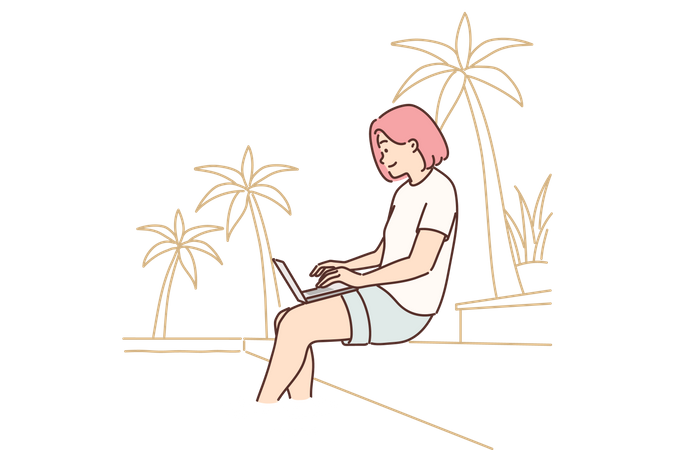 Chica trabajando de vacaciones  Ilustración