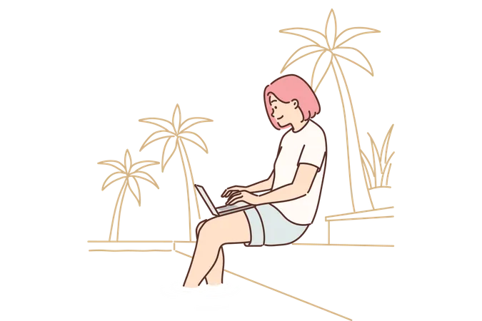 Chica trabajando de vacaciones  Ilustración