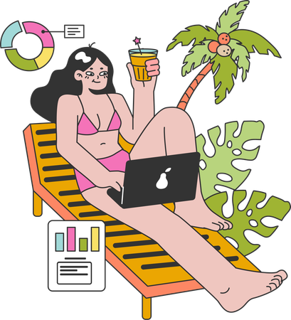 Chica trabajando mientras disfruta de vacaciones en la playa  Ilustración