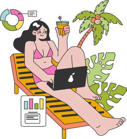 Chica trabajando mientras disfruta de vacaciones en la playa  Ilustración