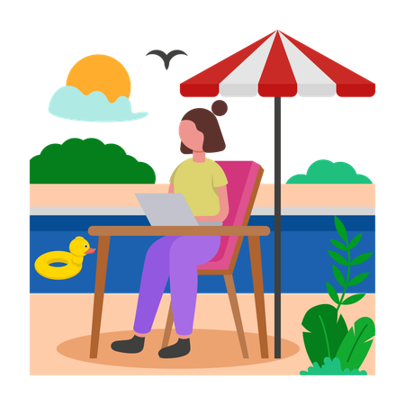 Chica trabaja por las mañanas junto a la piscina  Ilustración