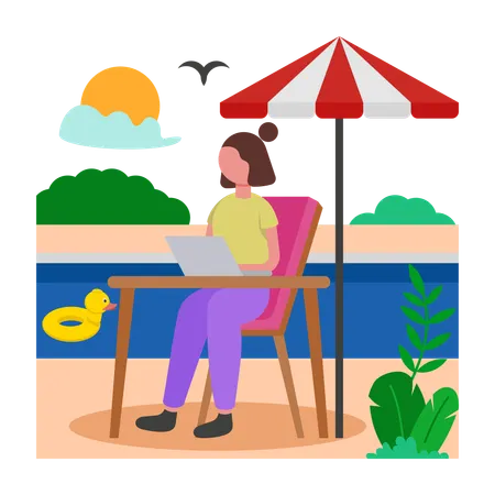 Chica trabaja por las mañanas junto a la piscina  Ilustración
