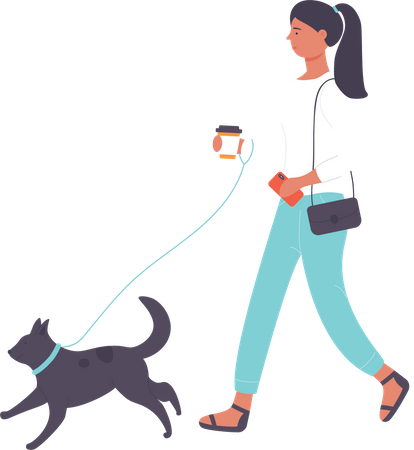 Chica corriendo con perro mascota  Ilustración