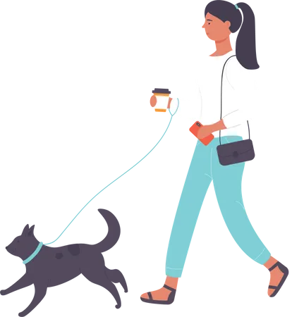 Chica corriendo con perro mascota  Ilustración