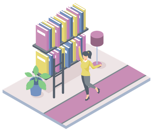 Chica usando biblioteca virtual  Ilustración