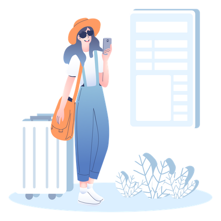 Chica usando móvil de vacaciones  Ilustración