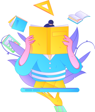 Chica usando un libro de lectura en línea con un móvil  Ilustración